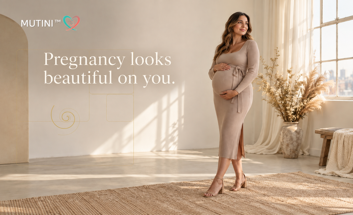 Pregnant woman in a neutral dress with the message Pregnancy looks beautiful on you, MUTINI logo, and golden Fibonacci design