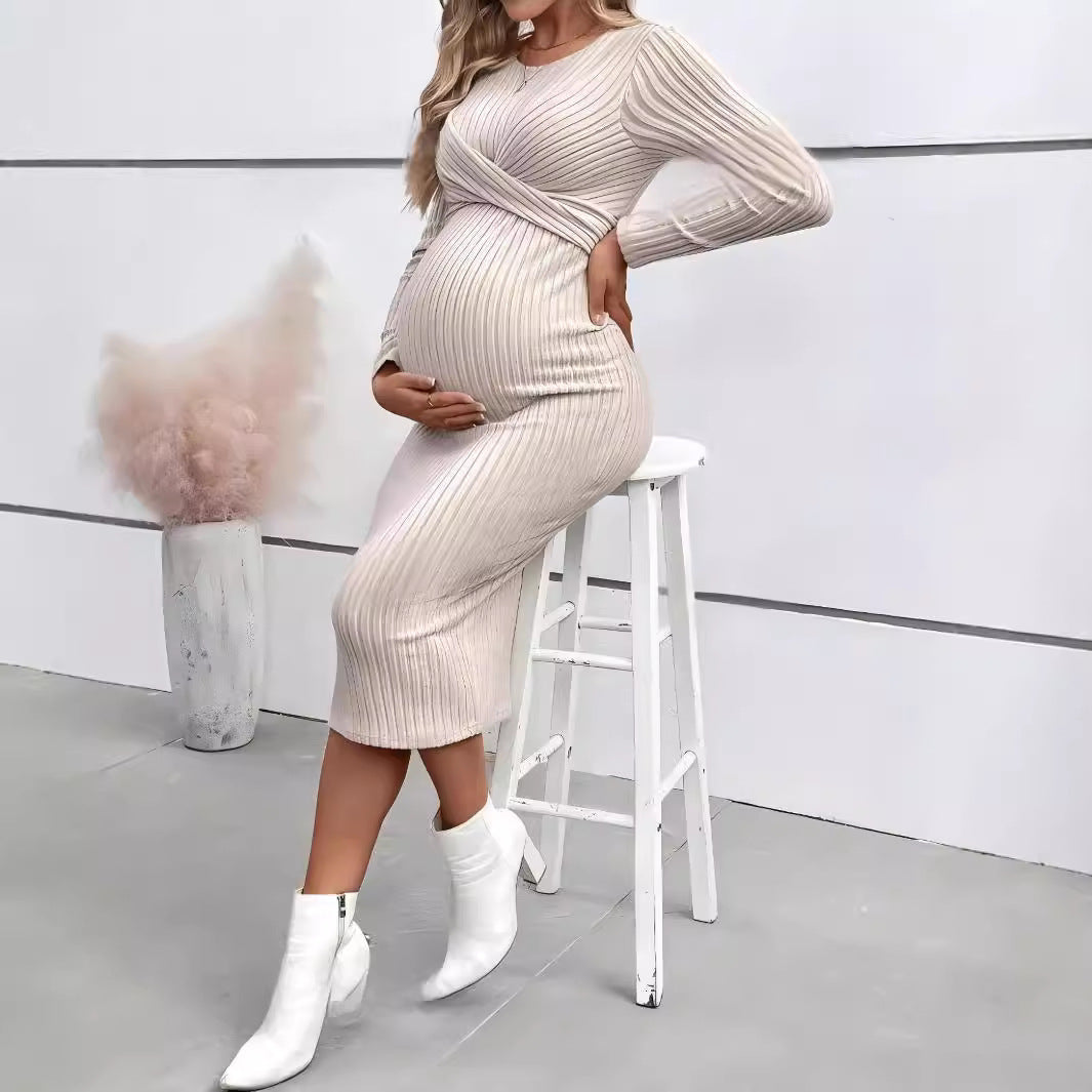 MUTINI™ Elegant Ribbed Knit Maternity Dress – Long Sleeve, Soft Stretch, Mid-Length