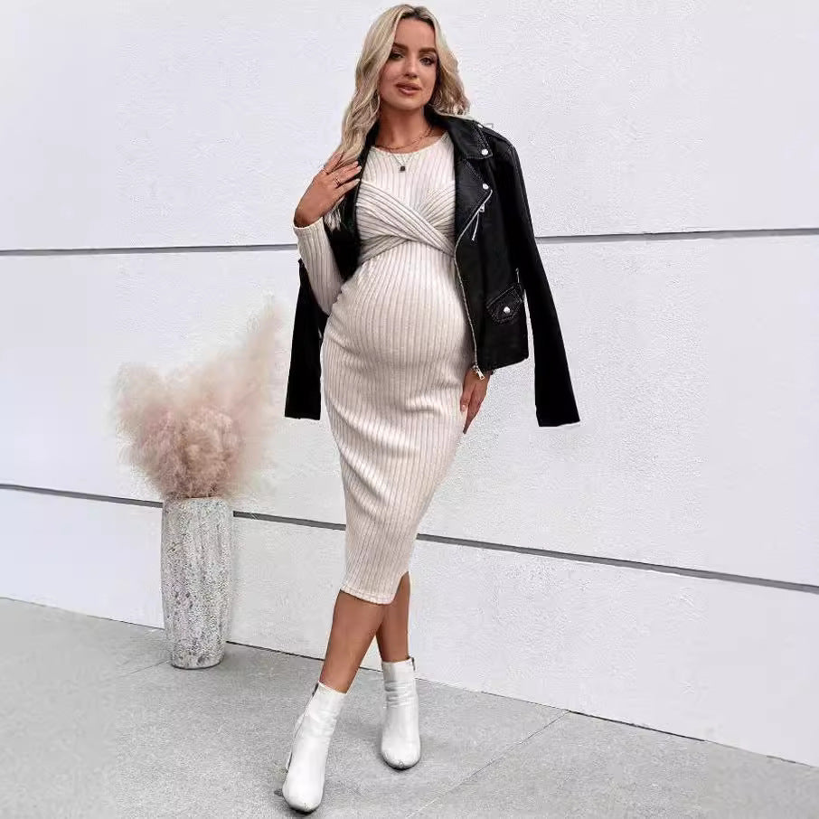 MUTINI™ Elegant Ribbed Knit Maternity Dress – Long Sleeve, Soft Stretch, Mid-Length