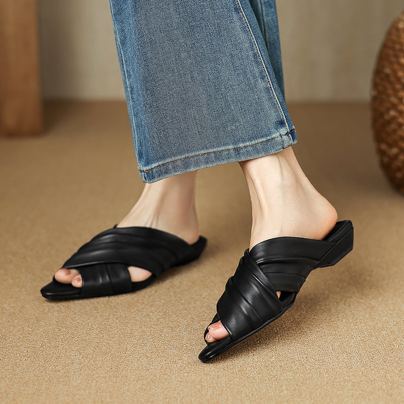 Mutini™ Ultra-Soft Ruched Leather Slides – Handcrafted Luxury Flat Mules