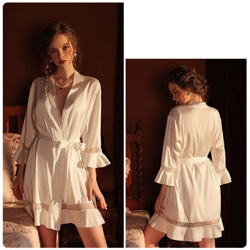 Model wearing the Mutini™ silk robe for women, showcasing elegant design and comfort in soft white fabric.