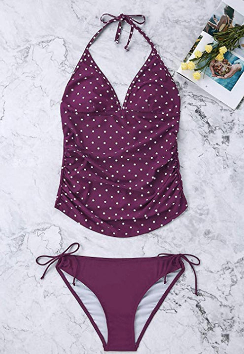 MUTINI™ LuxeBump: "Midnight Polka" Tankini Set with Ruched Sides and Anatomical Support