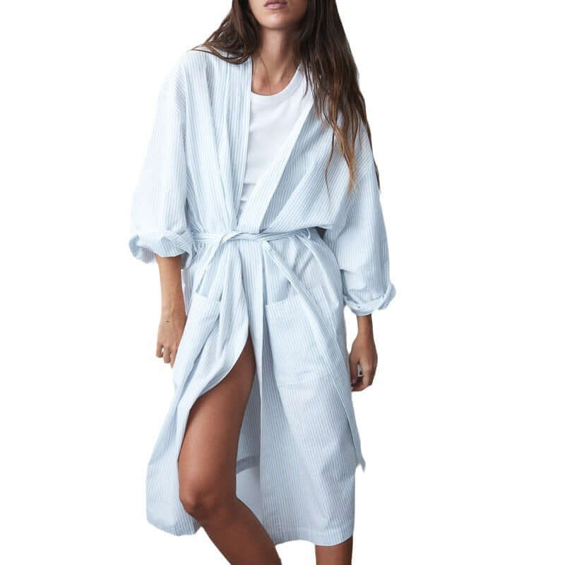 Mutini Soft Stripes robe in light blue, showcasing lightweight and breathable design for women.