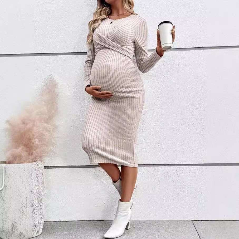 MUTINI™ Elegant Ribbed Knit Maternity Dress – Long Sleeve, Soft Stretch, Mid-Length