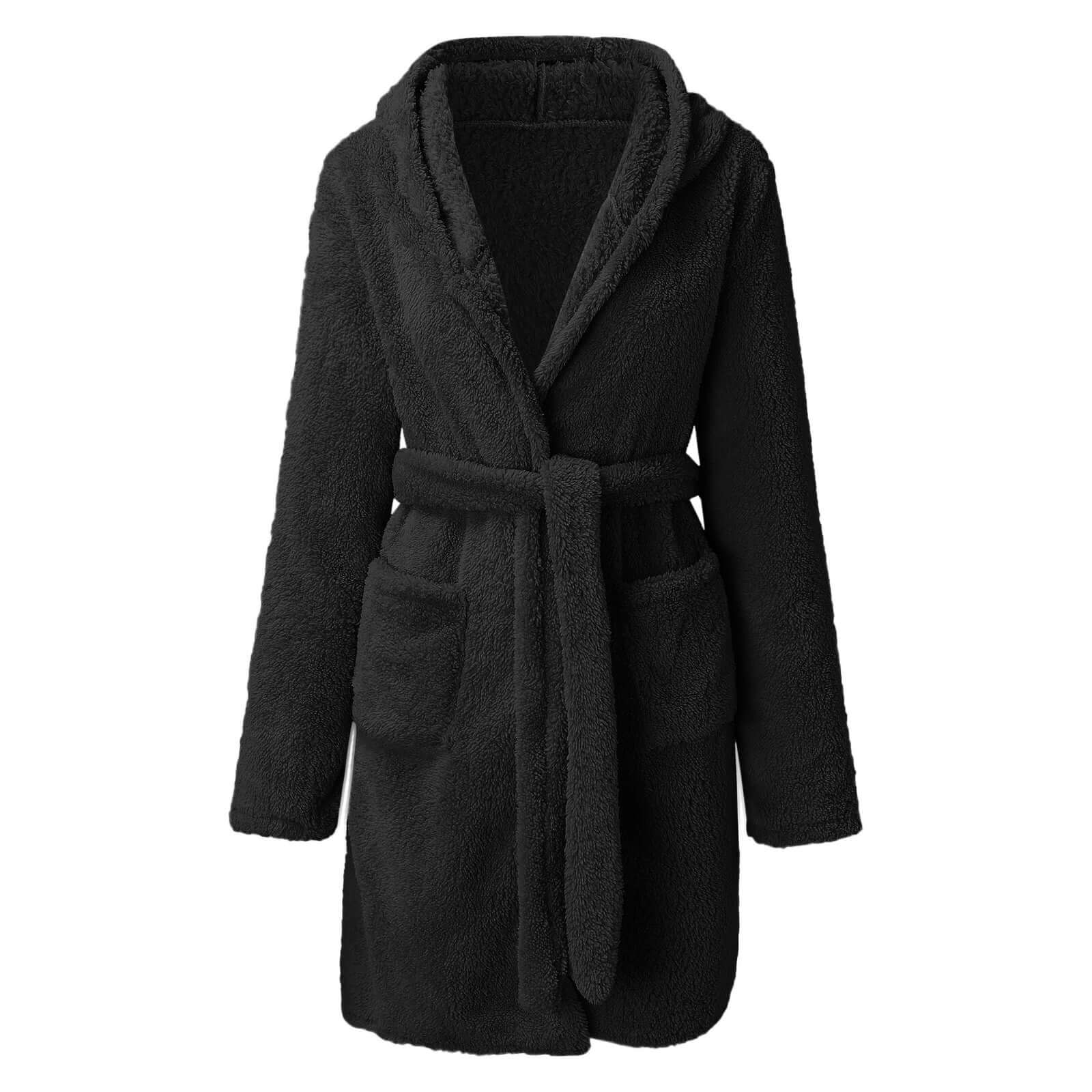 Warm maternity robe in soft black fleece with hood and pockets from Mutini™ Cozy Cloud collection.