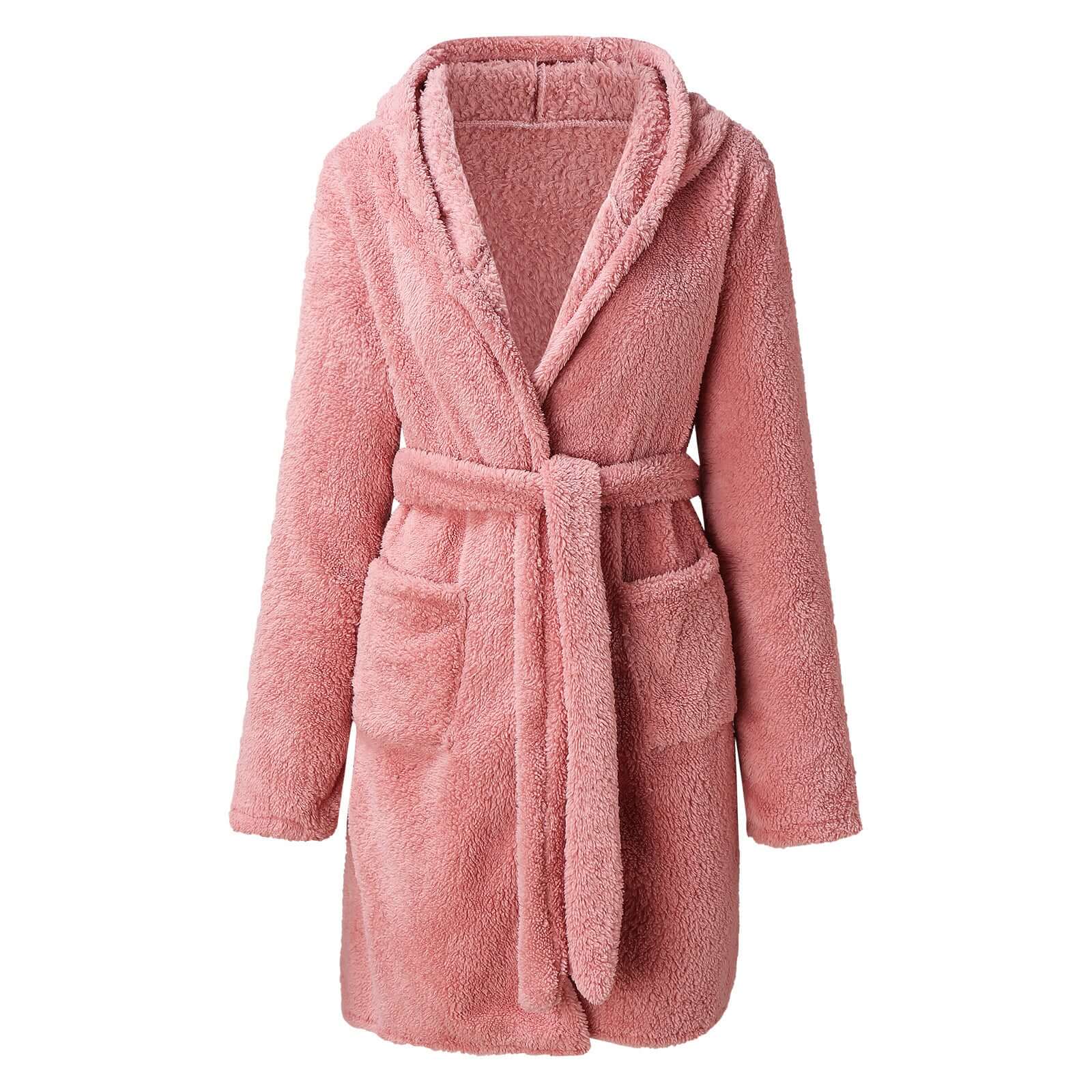 Warm maternity robe in soft pink color with a hood and belt, designed for comfort during prenatal and postpartum.