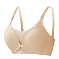 Beige wireless nursing bra with clip-down cups on white background