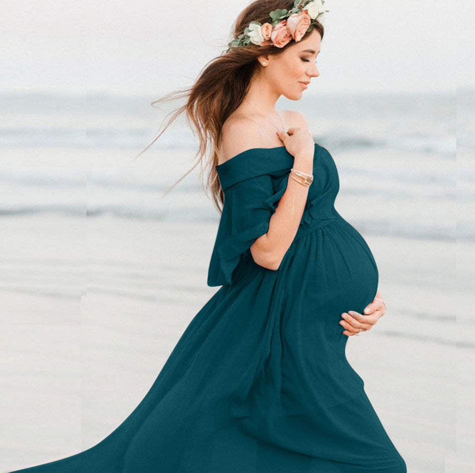 MUTINI™ Flowing Off-Shoulder Maternity Gown – Elegant Chiffon, Photoshoot Ready