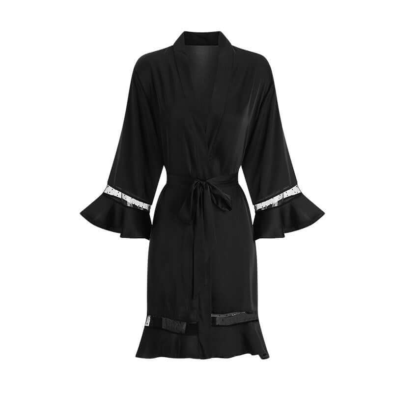 Mutini™ Silk robe for women in black with flared sleeves and ribbon details