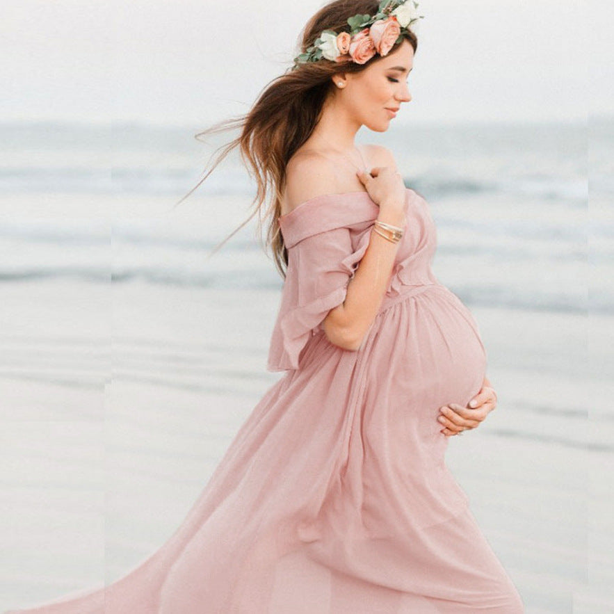MUTINI™ Flowing Off-Shoulder Maternity Gown – Elegant Chiffon, Photoshoot Ready